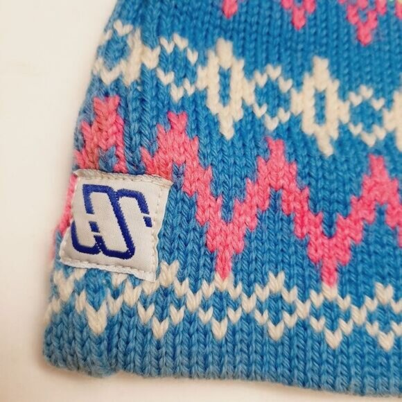 Retro 80's MURRAY MERKLEY 100% Wool Intarsia Geo Pattern Knit Beanie Hat Pom-Pom - Picture 5 of 16